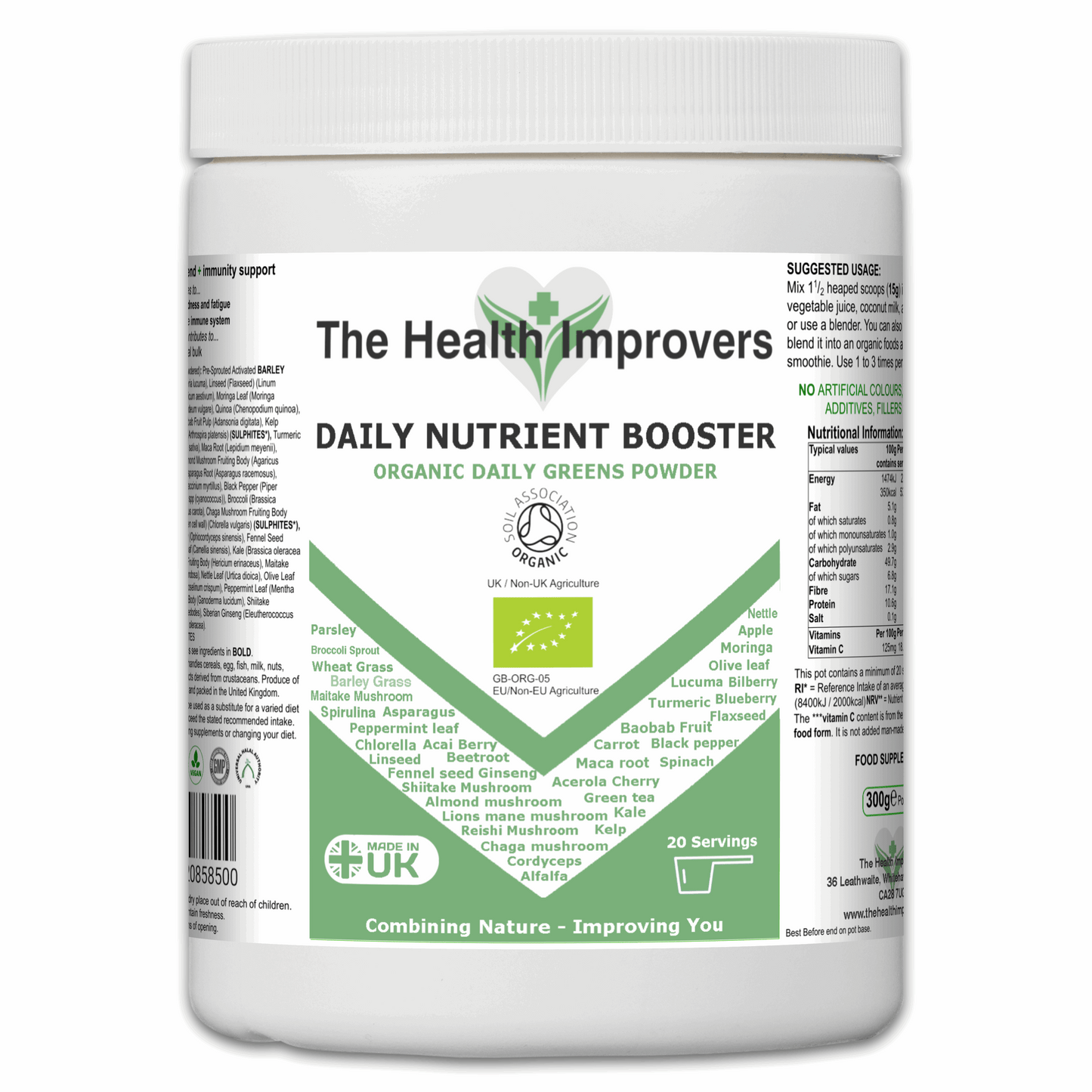 Organic Vegan Daily Nutrient Booster – Superfood Greens, Fruits, Mushrooms & Herbs The Health Improvers