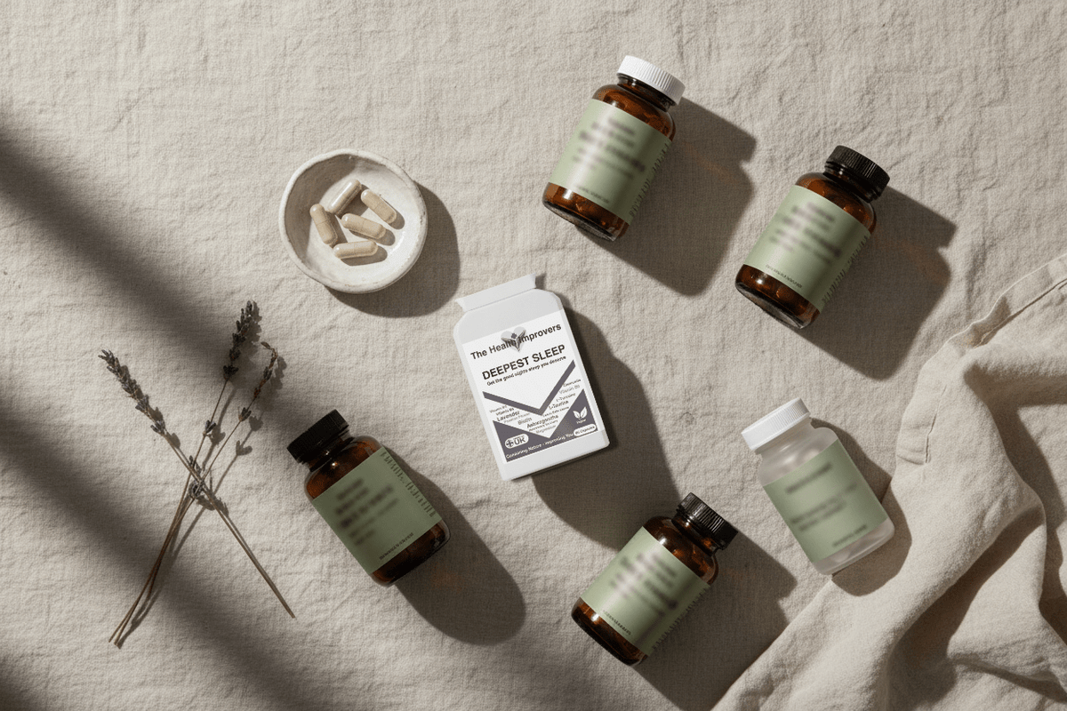 Bedside sleep products illustrating a UK comparison of medicines, herbal remedies and food supplements