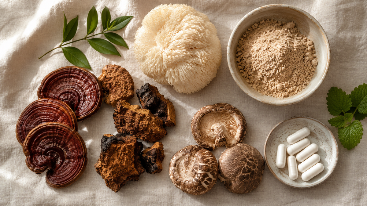 Mushroom supplement products illustrating a UK comparison of species, fungal material, serving and cost