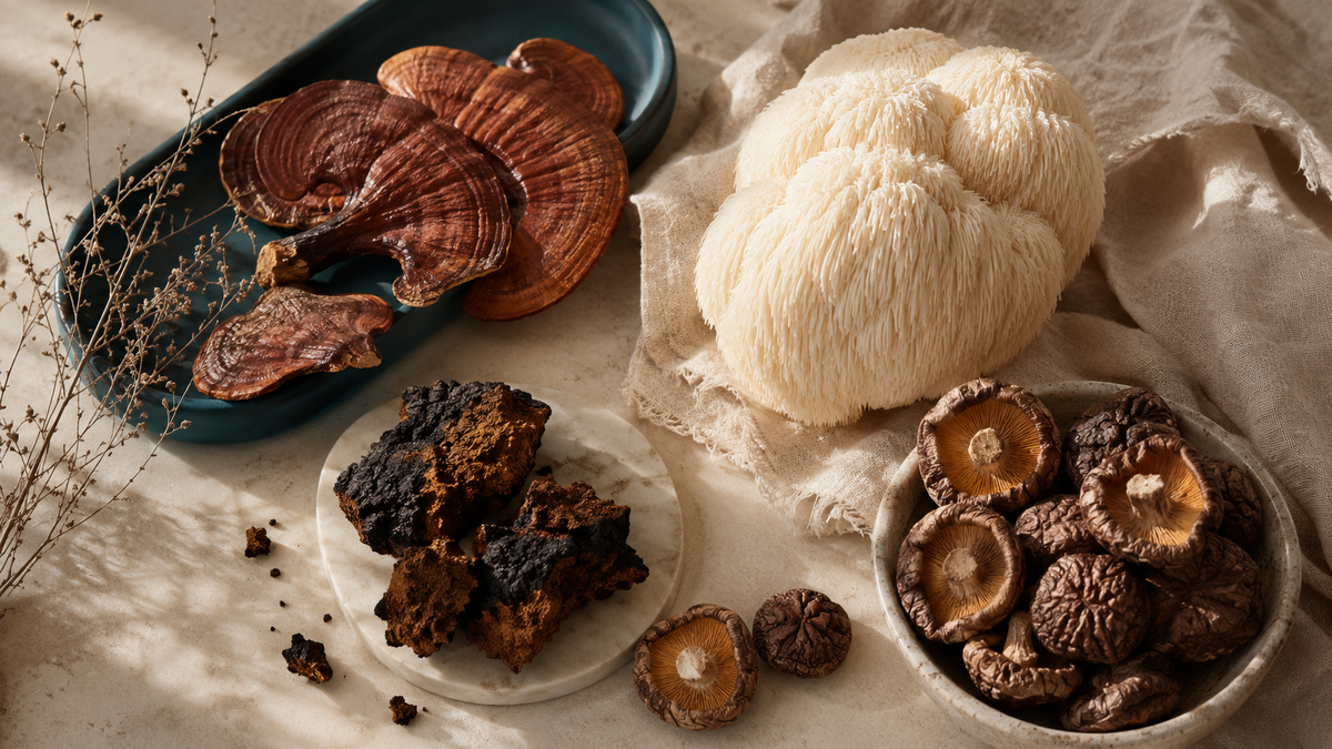 Lion's mane, reishi, chaga and other functional fungi arranged for an identification and label guide