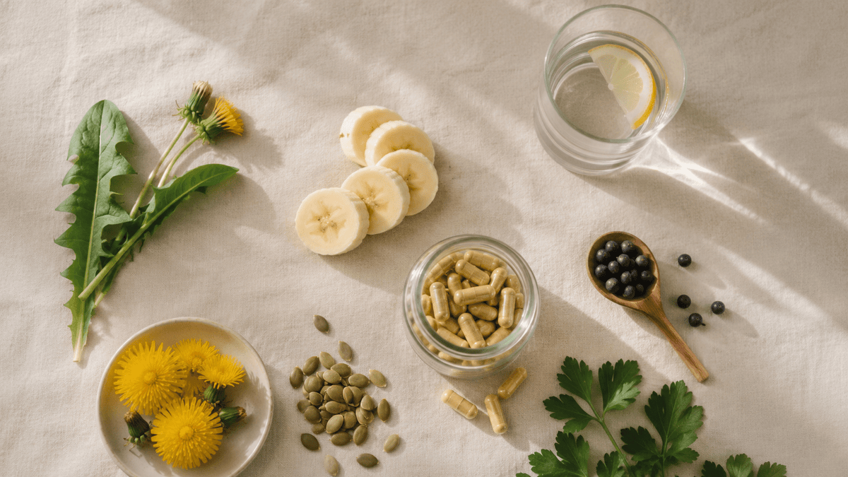 Aqua-Ban, HRI Water Balance and botanical food supplements compared by ingredients and legal category