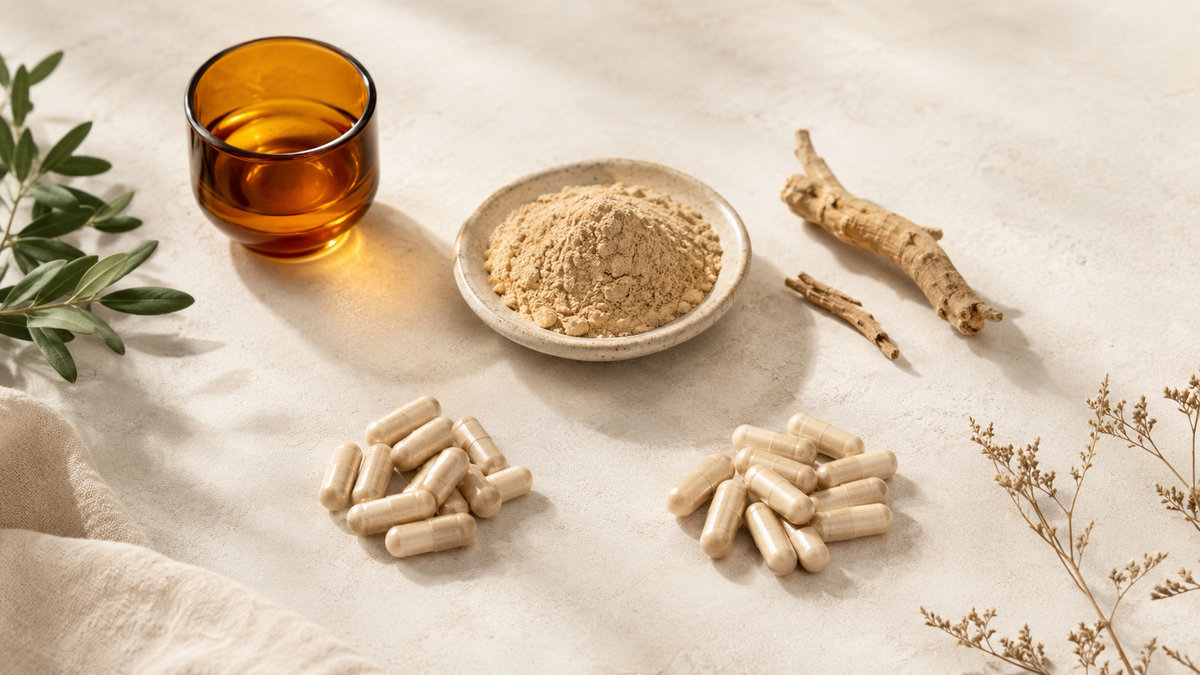 Ashwagandha root and supplement labels illustrating KSM-66, Sensoril and extract ratios