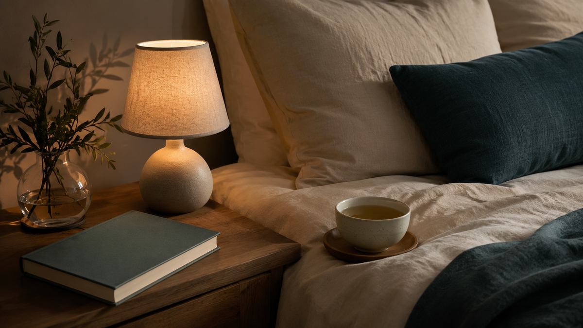 Calm evening bedroom illustrating practical sleep-hygiene habits and a consistent wind-down routine