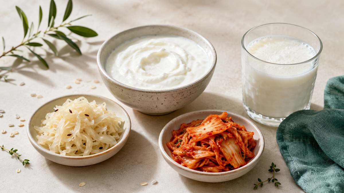 Live-culture foods and supplement capsules illustrating probiotics, CFU and UK label terminology