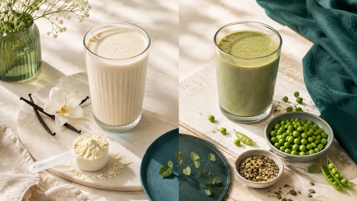 Whey and plant protein powders compared side by side