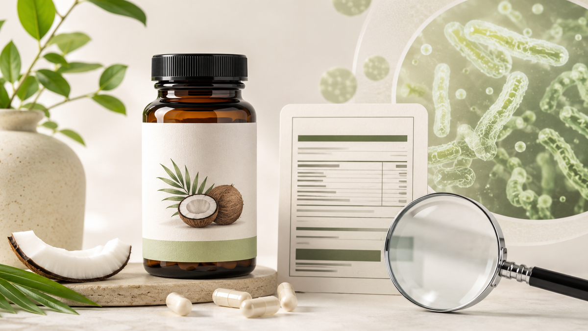 Amber supplement bottle with coconut, capsules, a label chart, magnifying glass and illustrated live cultures
