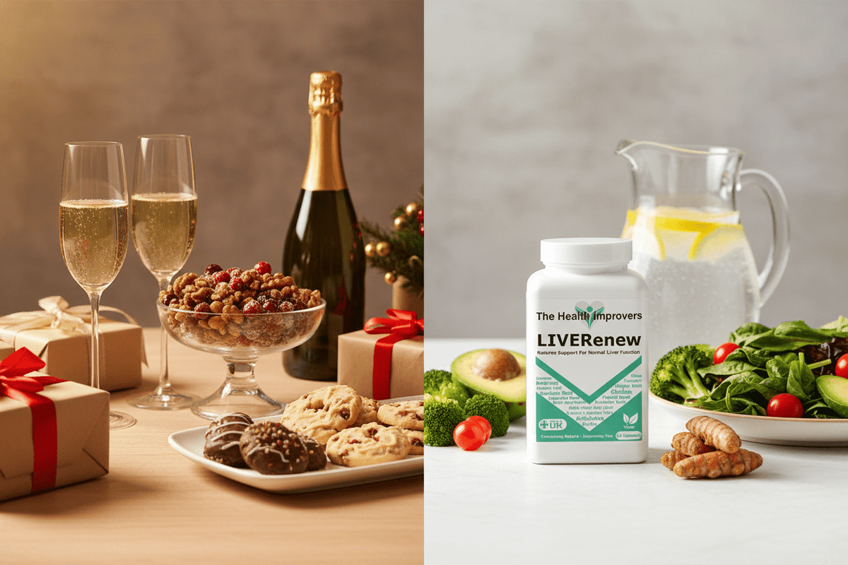 Festive food and drink beside balanced meals and everyday liver-health habits