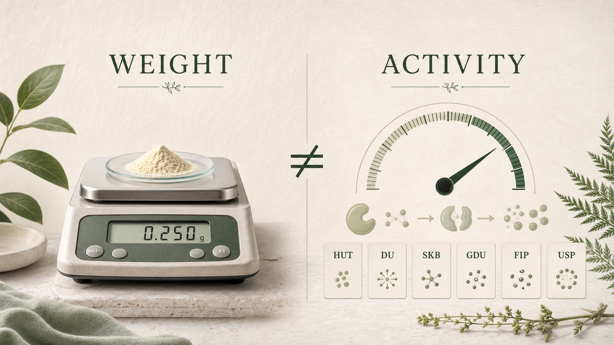 Digestive enzyme weight compared with measured activity units HUT, DU, SKB, GDU, FIP and USP