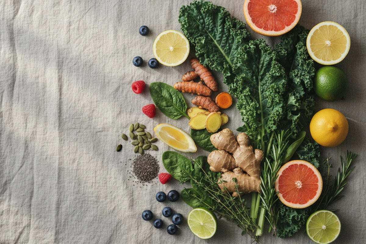 Fresh whole foods laid out on a pale surface — a UK buyer's guide to choosing a multivitamin and reading the %NRV column