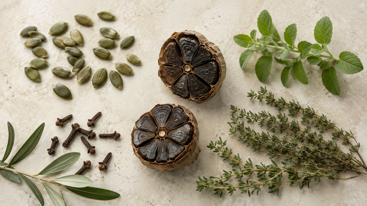 Wormwood, black walnut, clove, pumpkin seed, garlic and other botanical cleanse ingredients
