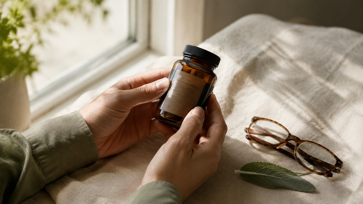 Hands examining the back of a supplement bottle label beside reading glasses