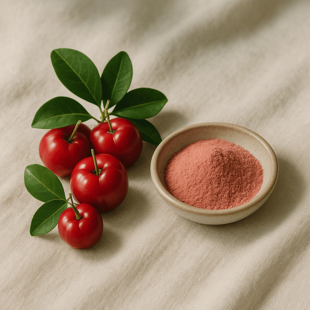 Acerola cherries on cream linen — a UK buyer's guide to choosing a vitamin C supplement and understanding dose and source