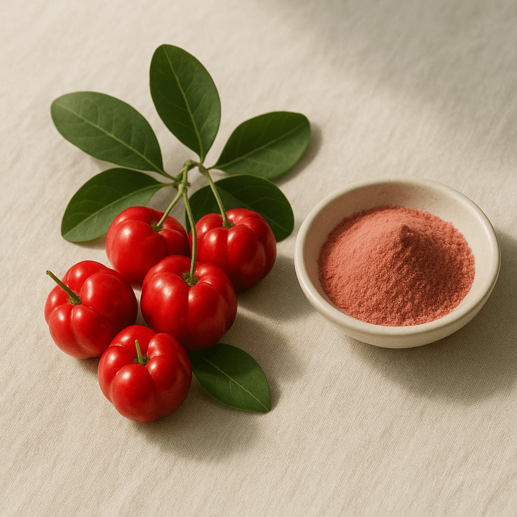 Acerola fruit on cream linen — comparing fruit-derived vitamin C with added ascorbic acid and what the difference actually is