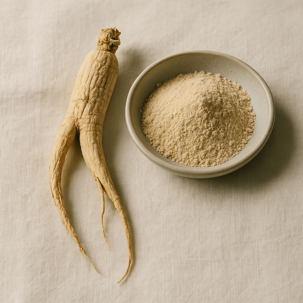 Ginseng root illustrating a UK guide to bacopa, ginkgo, ginseng, L-theanine and caffeine labels