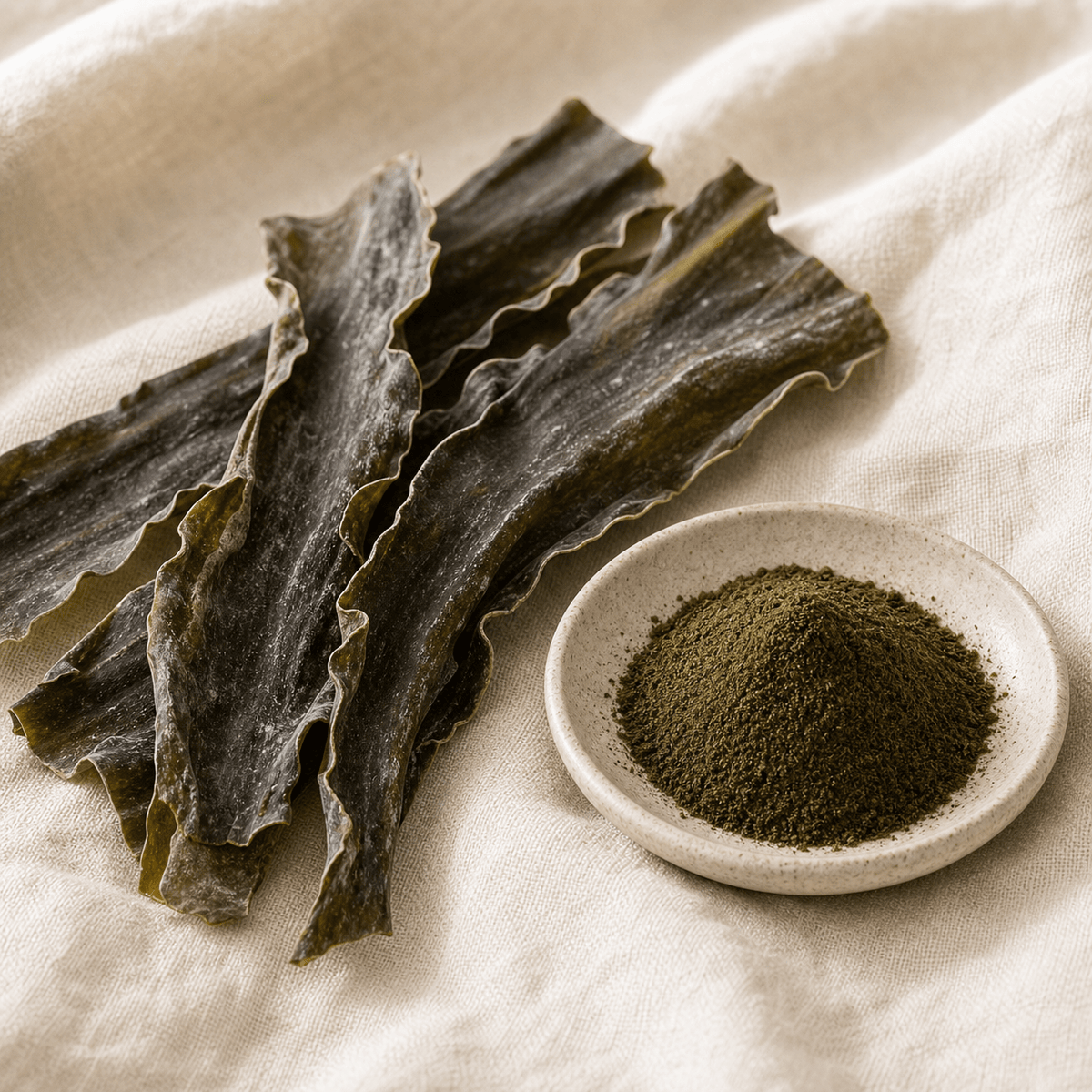 Kelp seaweed beside a label showing iodine in micrograms for thyroid-function comparison