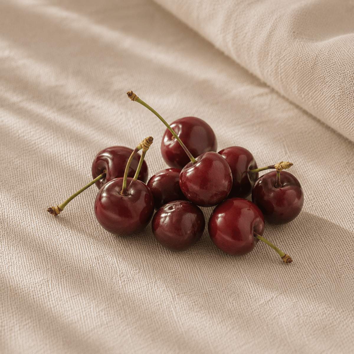 Montmorency tart cherries beside a bowl of cherry powder on linen — what the evidence says about tart cherry supplements