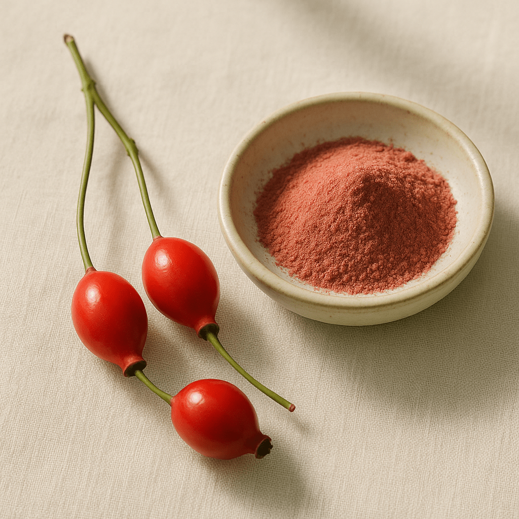 Rosehips on cream linen — explaining how much vitamin C you need daily, the 80mg reference intake and what happens at higher doses