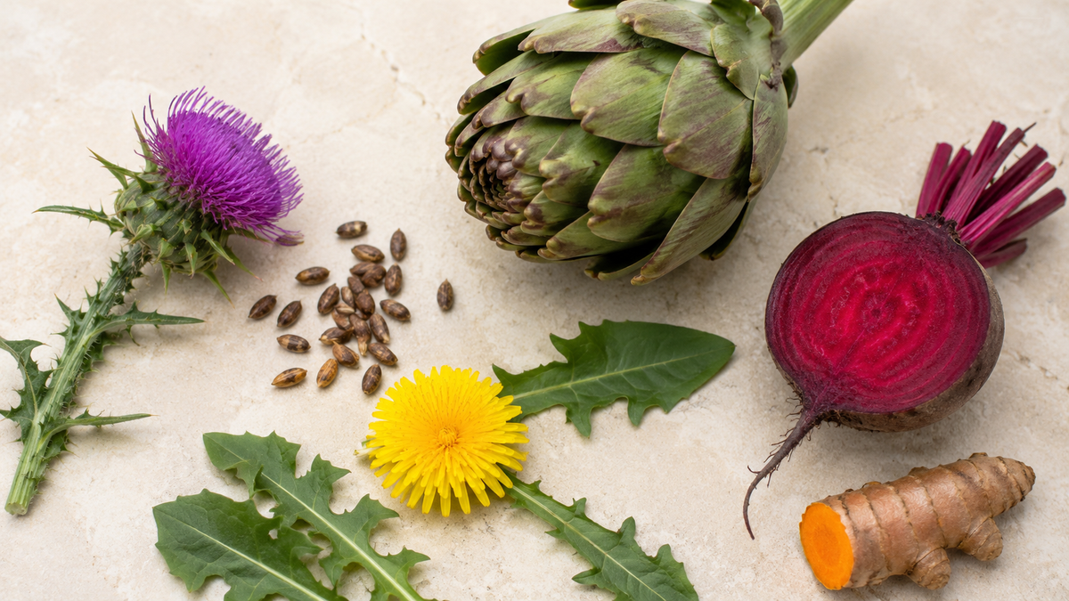 Choline, milk thistle, artichoke, turmeric, beetroot and NAC on a liver-supplement label