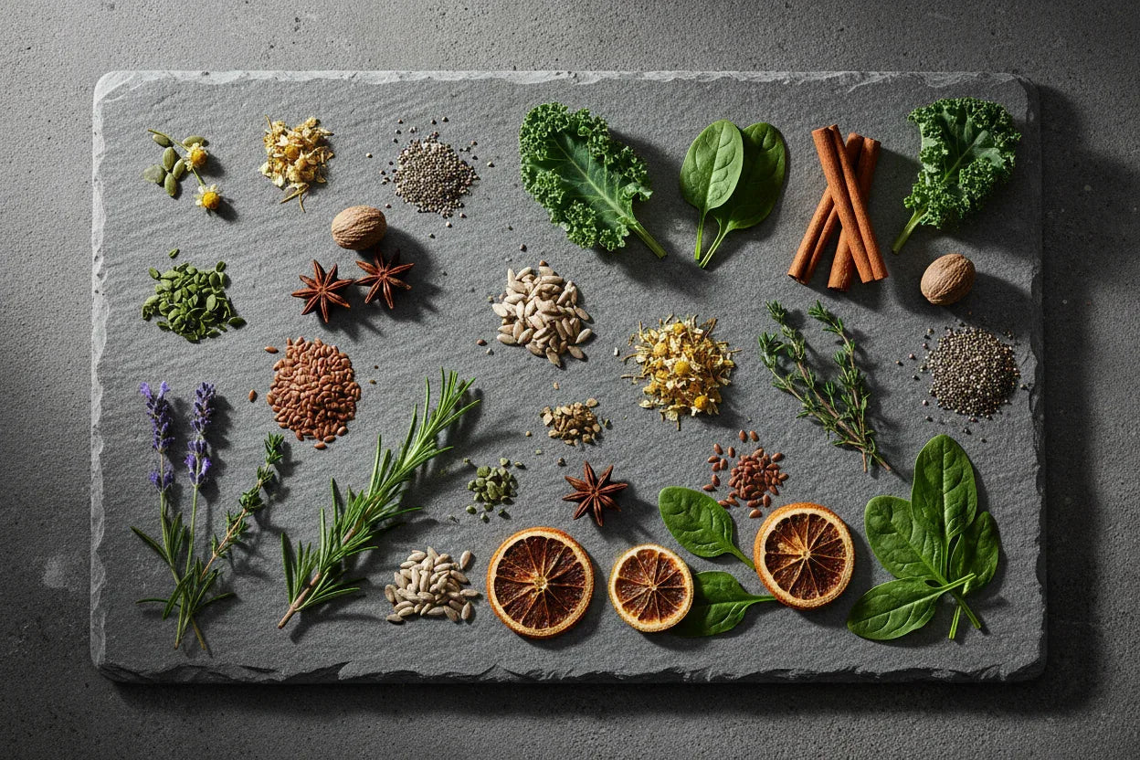 A simple flat lay of supplement ingredients — illustrating the four conditions attached to the authorised glucomannan weight loss claim
