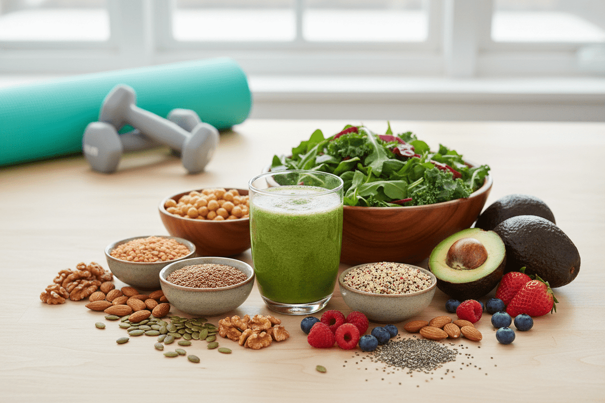 Plant-based foods and training equipment for a vegan fitness guide