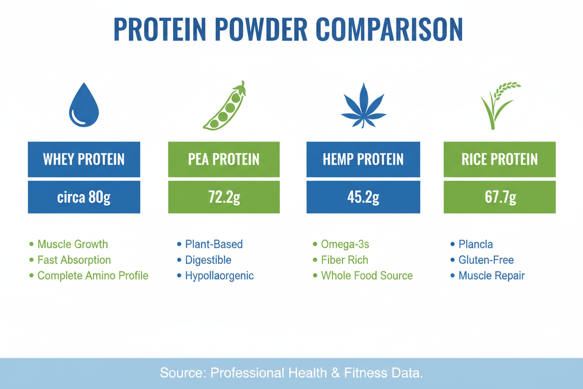 Whey, pea, hemp and rice protein powders arranged for comparison