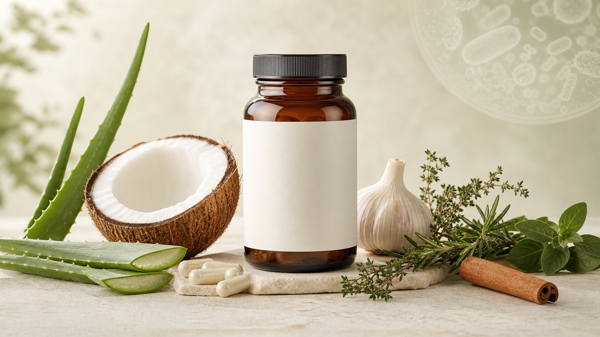 Restore Balance Complex ingredients including aloe vera, coconut, garlic, herbs, capsules and live cultures