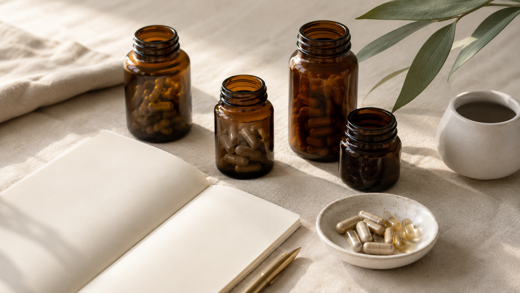Supplement capsules beside plain documents and a brass seal on cream linen — supplement quality certifications explained