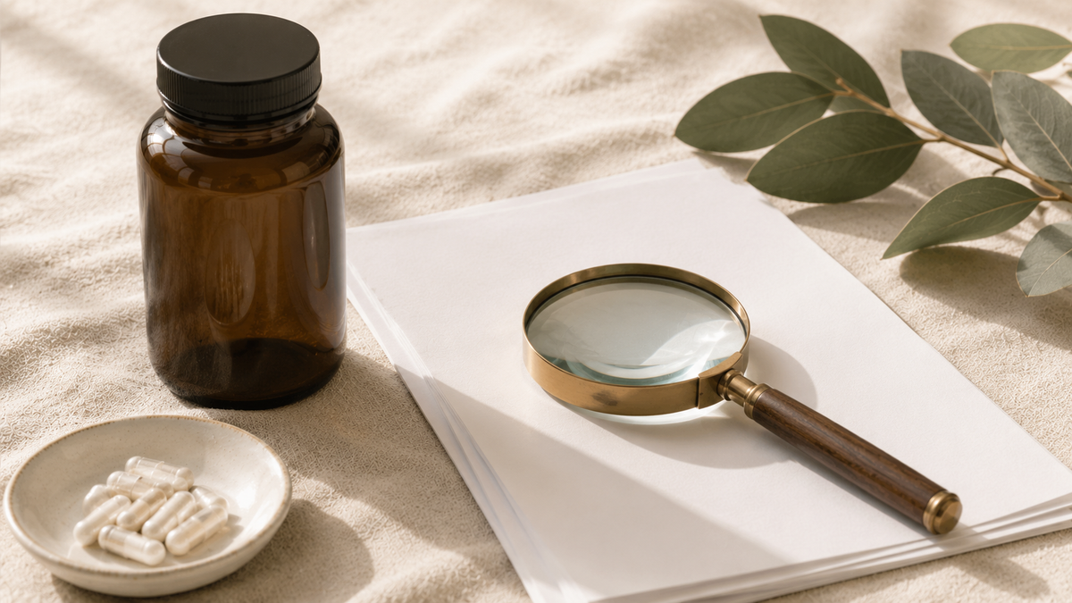 Magnifying glass and supplement bottle illustrating UK supplement health-claim rules