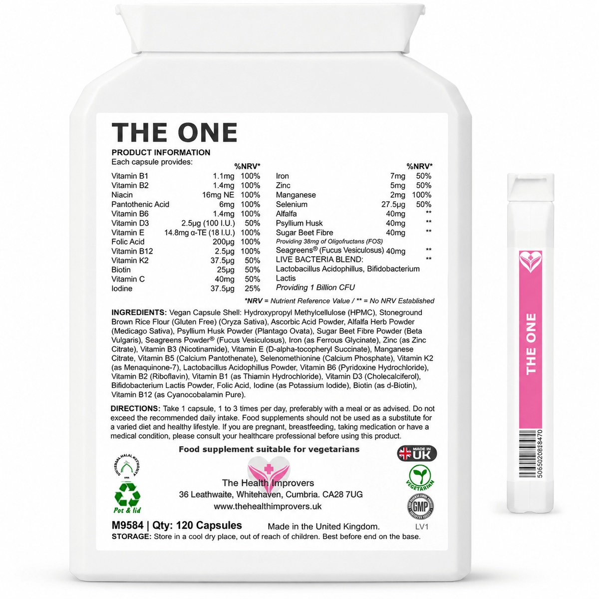 The back label of The One multivitamin showing the supplement facts panel and %NRV column used to check whether a nutrient is present at a meaningful level