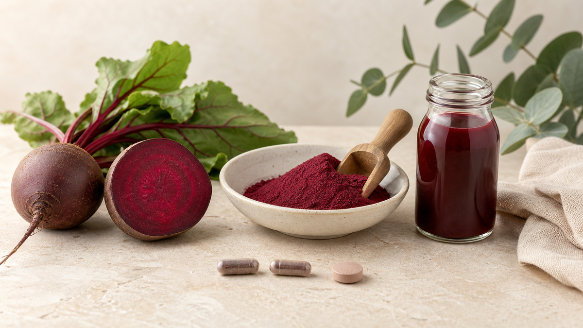 Fresh beetroot with beetroot powder, capsules, a tablet and a juice shot illustrating different supplement formats