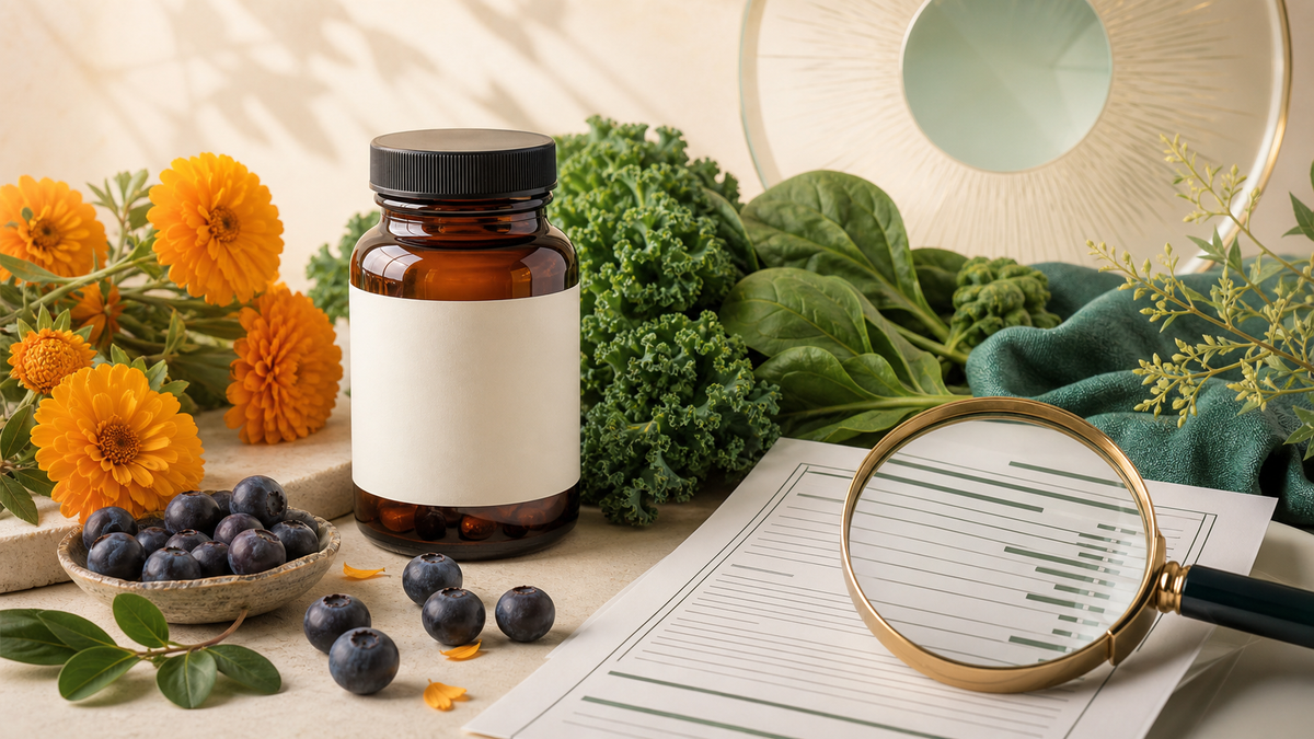 Eye supplement label comparison with marigolds, bilberries, leafy greens and a magnifying glass
