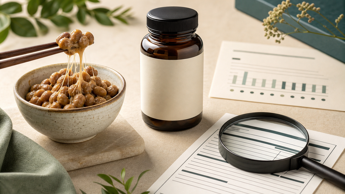 Nattokinase supplement label comparison with natto beans, an amber bottle and a magnifying glass