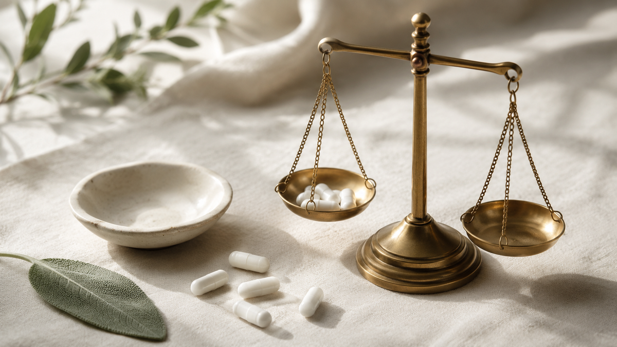 Supplement label percentages and apothecary scales illustrating Nutrient Reference Values