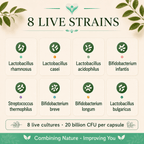 Eight live bacteria strains in the 20 Billion CFU probiotic, including Lactobacillus acidophilus, Lactobacillus rhamnosus and Bifidobacterium longum