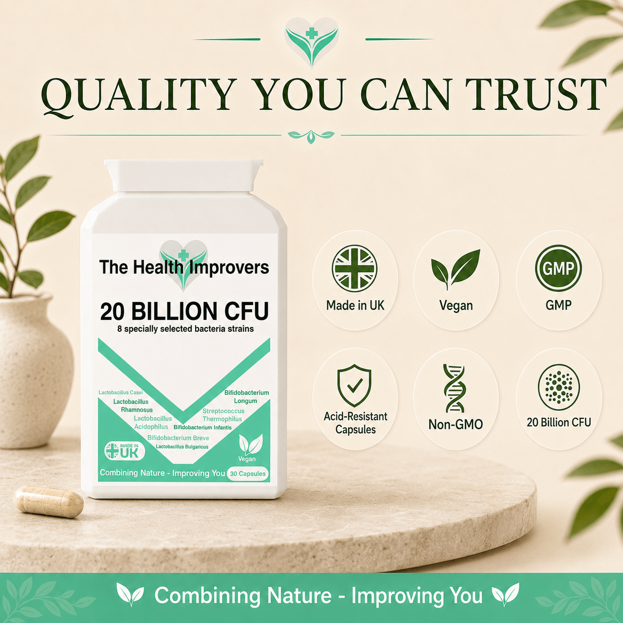 20 Billion CFU probiotic quality standards, UK made, vegan, GMP certified and acid-resistant