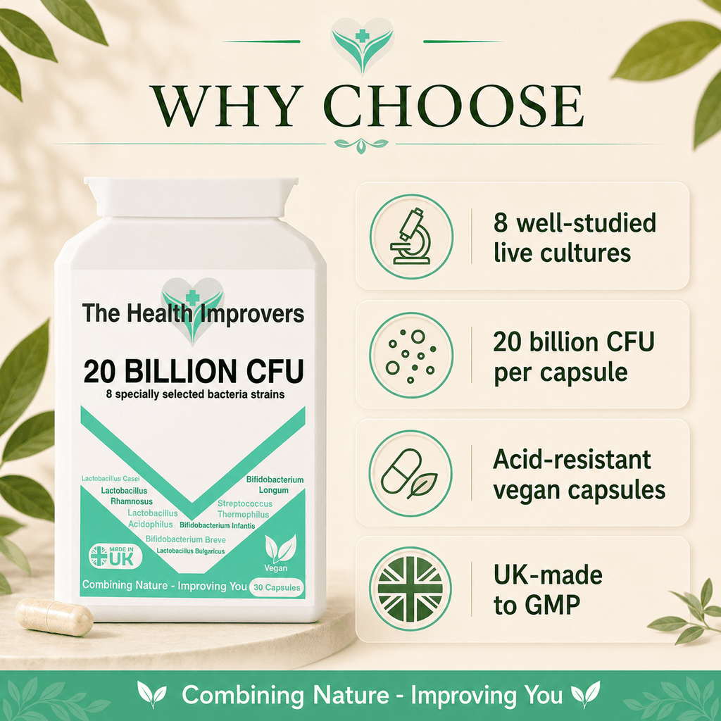 Why choose the 20 Billion CFU probiotic, 8 well-studied live cultures, 20 billion CFU per capsule, acid-resistant vegan capsules made in the UK