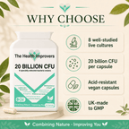 Why choose the 20 Billion CFU probiotic, 8 well-studied live cultures, 20 billion CFU per capsule, acid-resistant vegan capsules made in the UK