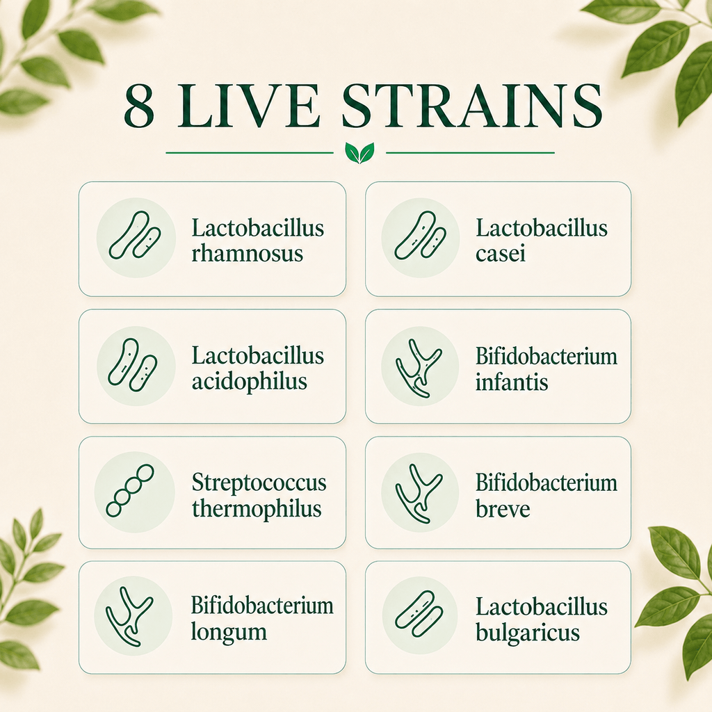 Eight live bacteria strains in the 4 Billion CFU probiotic, including Lactobacillus acidophilus, Lactobacillus rhamnosus and Bifidobacterium longum
