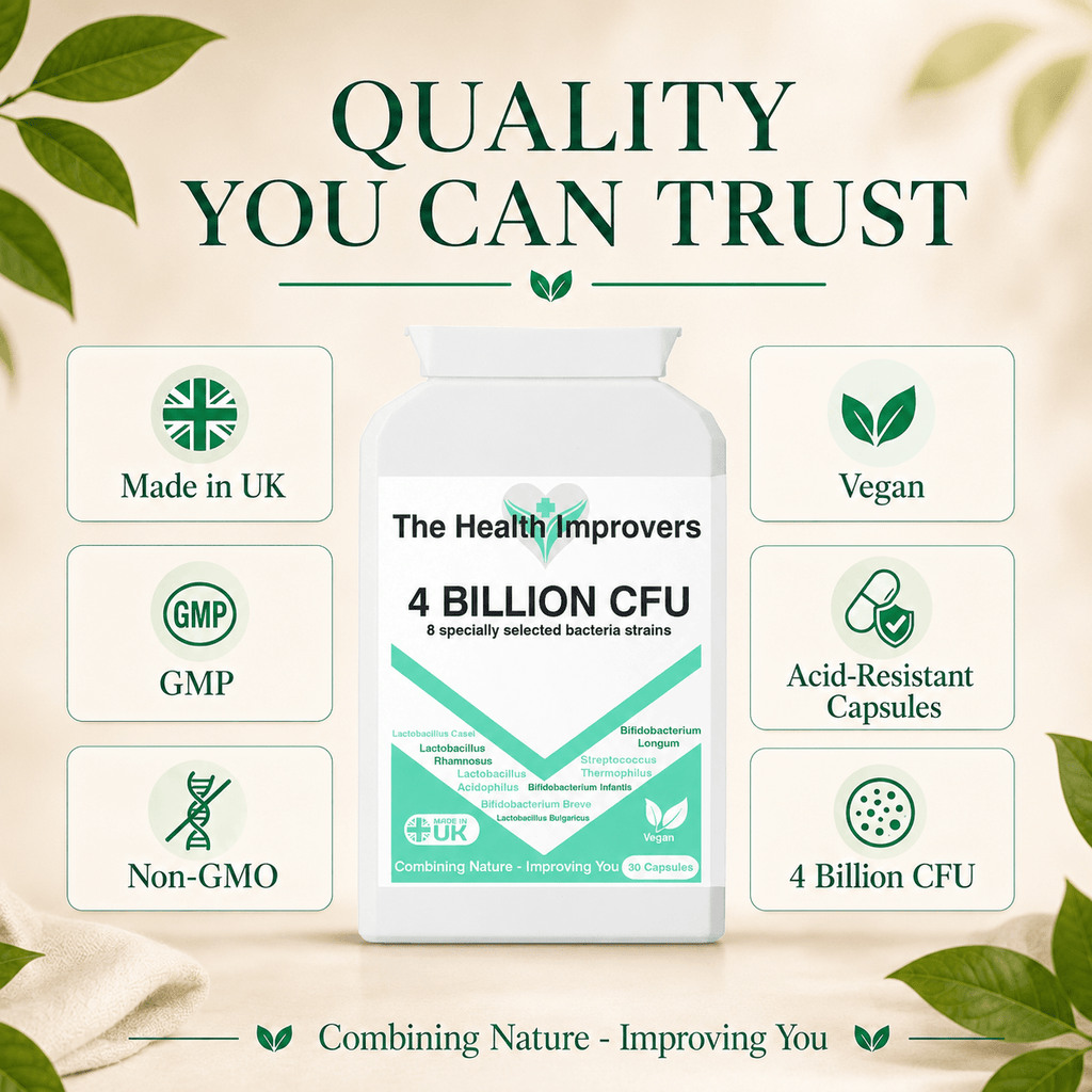 4 Billion CFU probiotic quality standards, UK made, vegan, GMP certified and acid-resistant