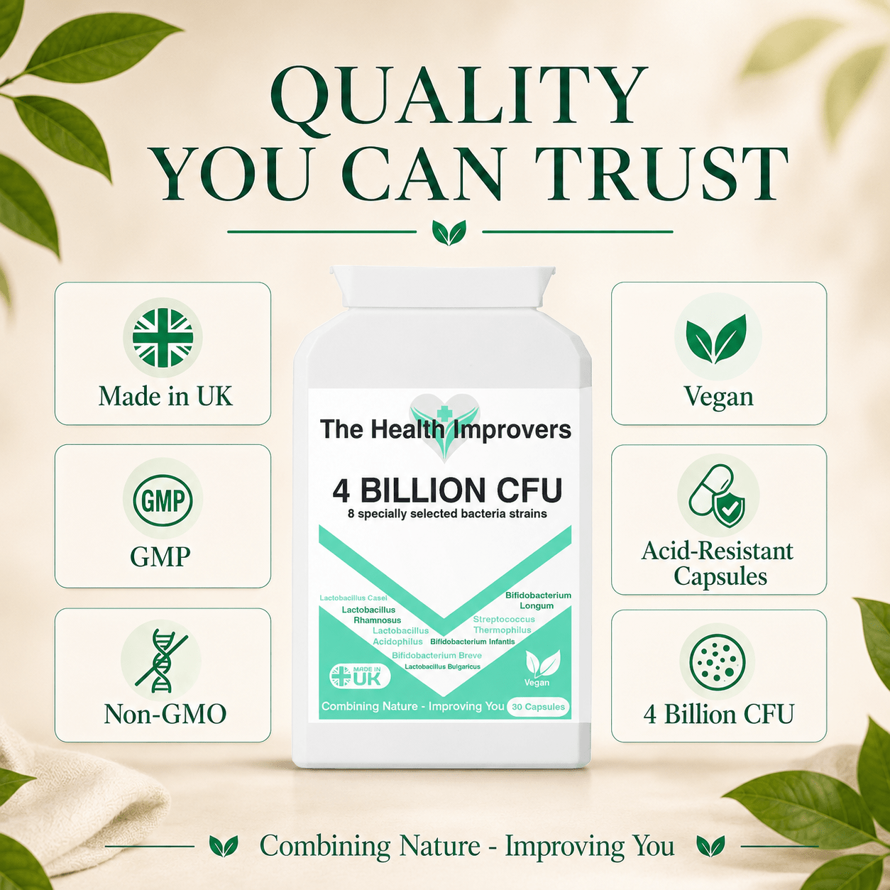 4 Billion CFU probiotic quality standards, UK made, vegan, GMP certified and acid-resistant