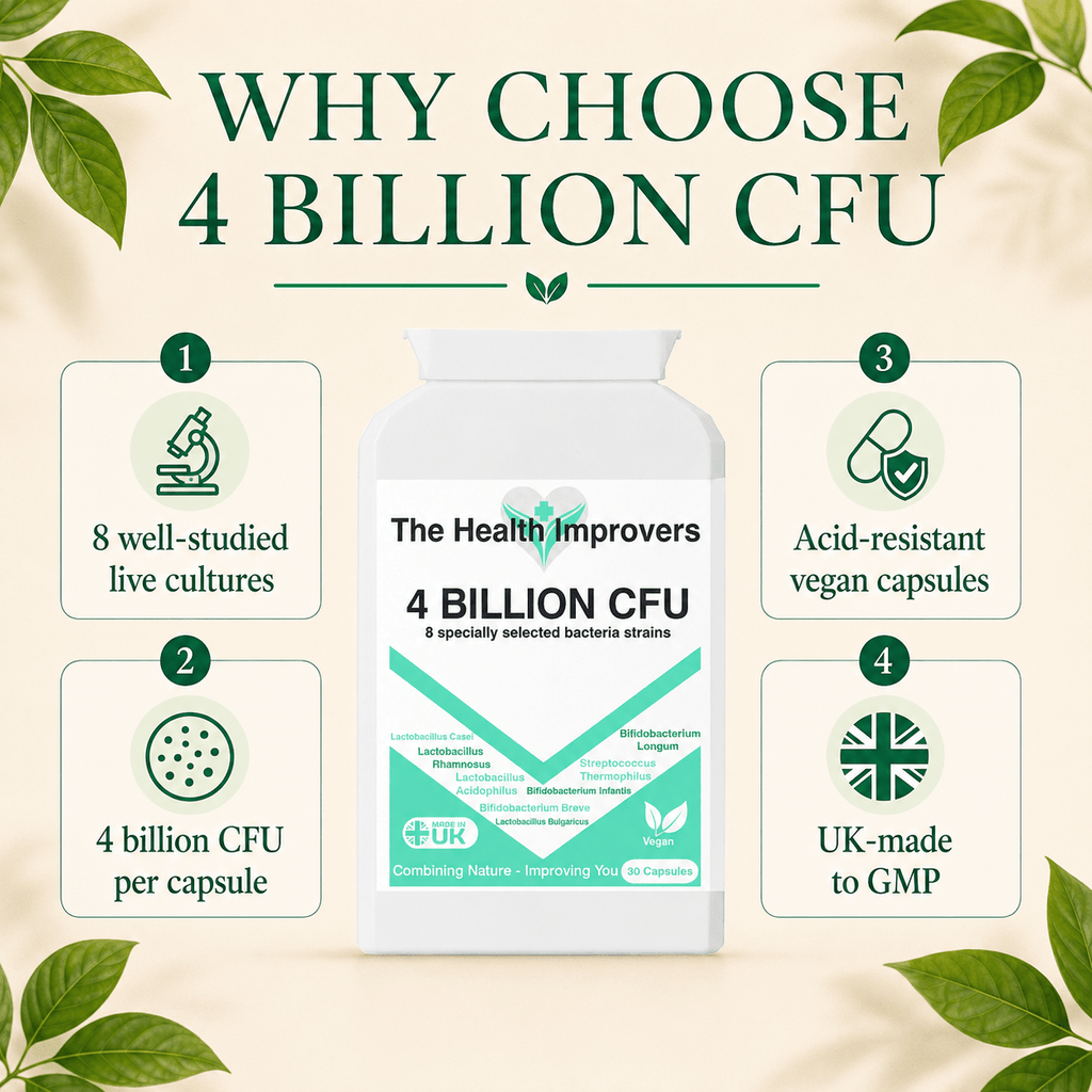 Why choose the 4 Billion CFU probiotic, 8 well-studied live cultures, 4 billion CFU per capsule, acid-resistant vegan capsules made in the UK