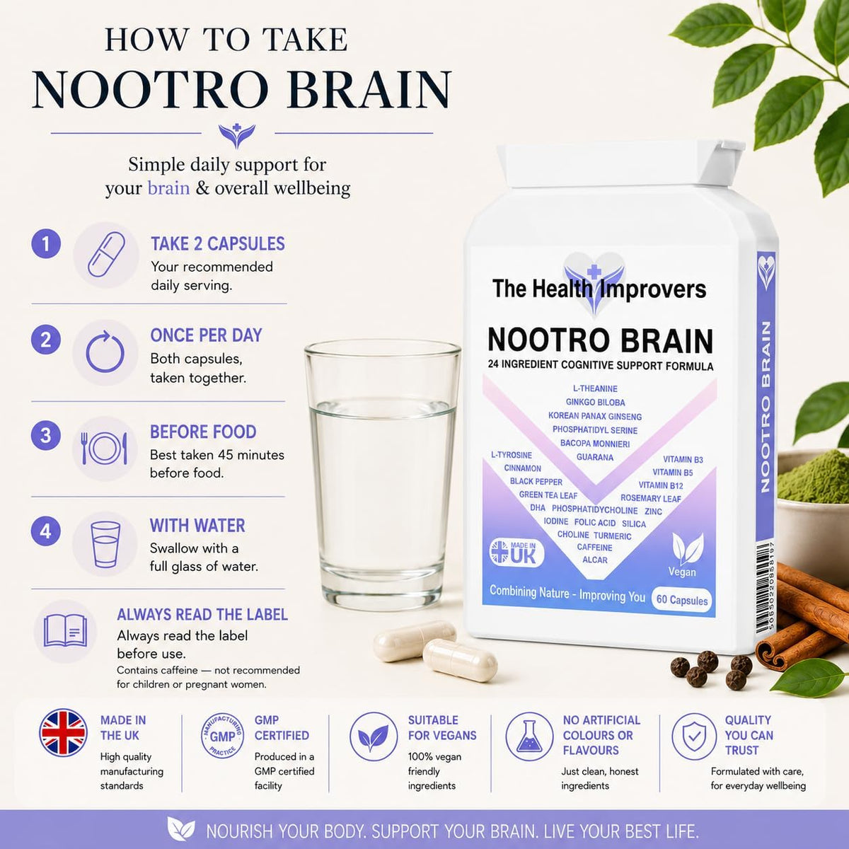 How to take Nootro Brain, two capsules with a full glass of water before food, contains caffeine