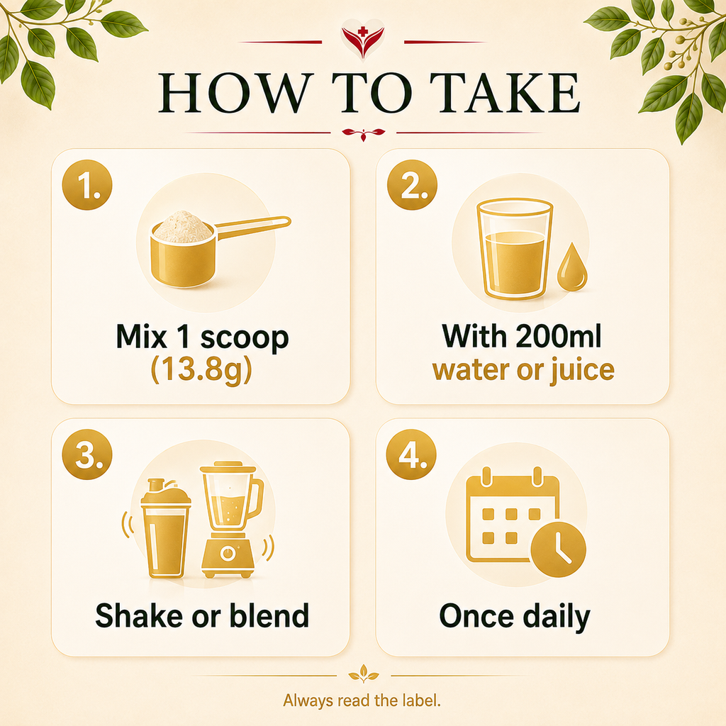 How to take Collagen Peptides Powder, mix one 13.8g scoop with 200ml water or juice, shake or blend, once daily