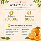 What's inside Collagen Peptides Powder, 10,000mg hydrolysed collagen and 800mg glucosamine plus 16 vitamins and minerals