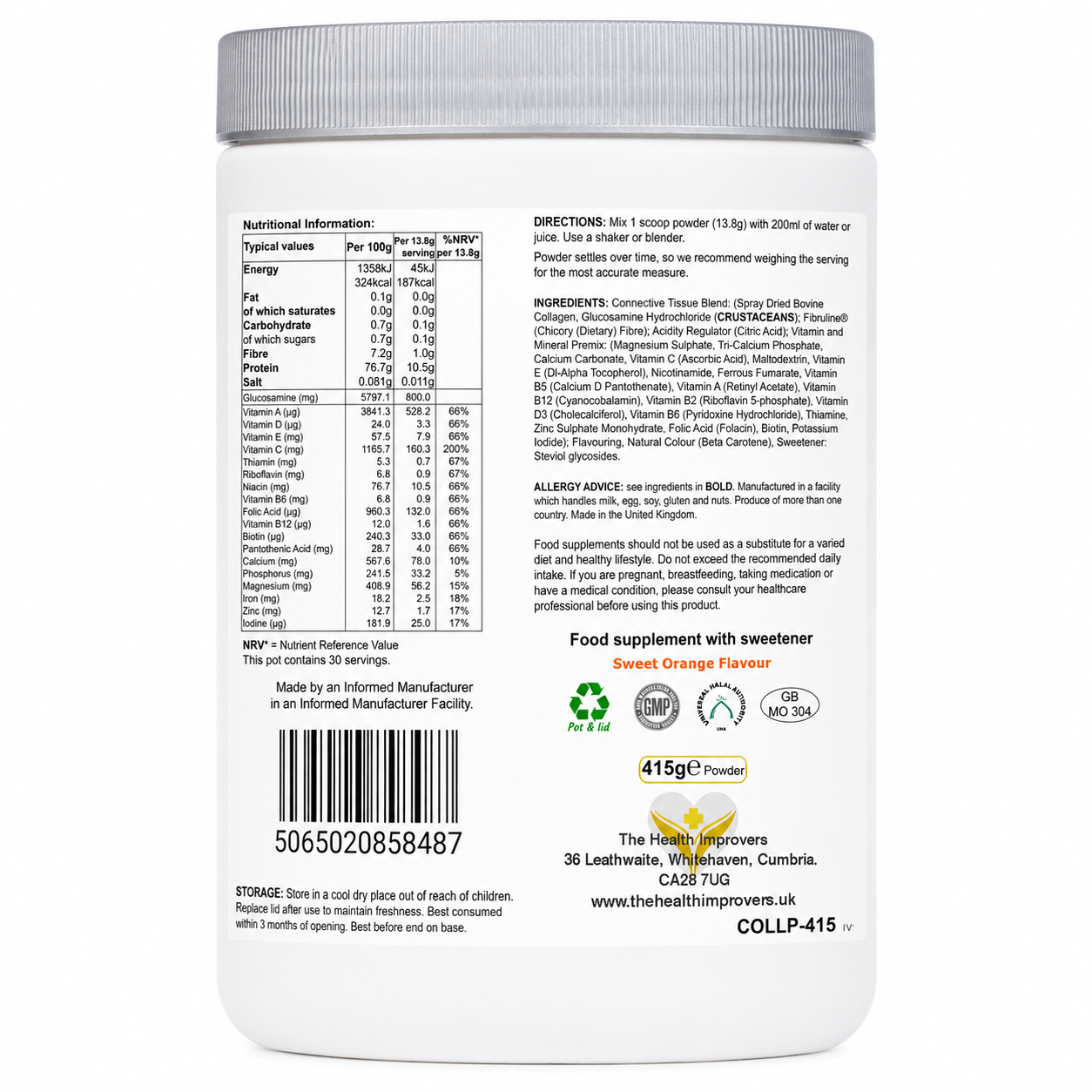 Collagen Peptides Powder nutritional information panel, 800mg glucosamine and vitamin C at 200% NRV per 13.8g serving, 30 servings per pot