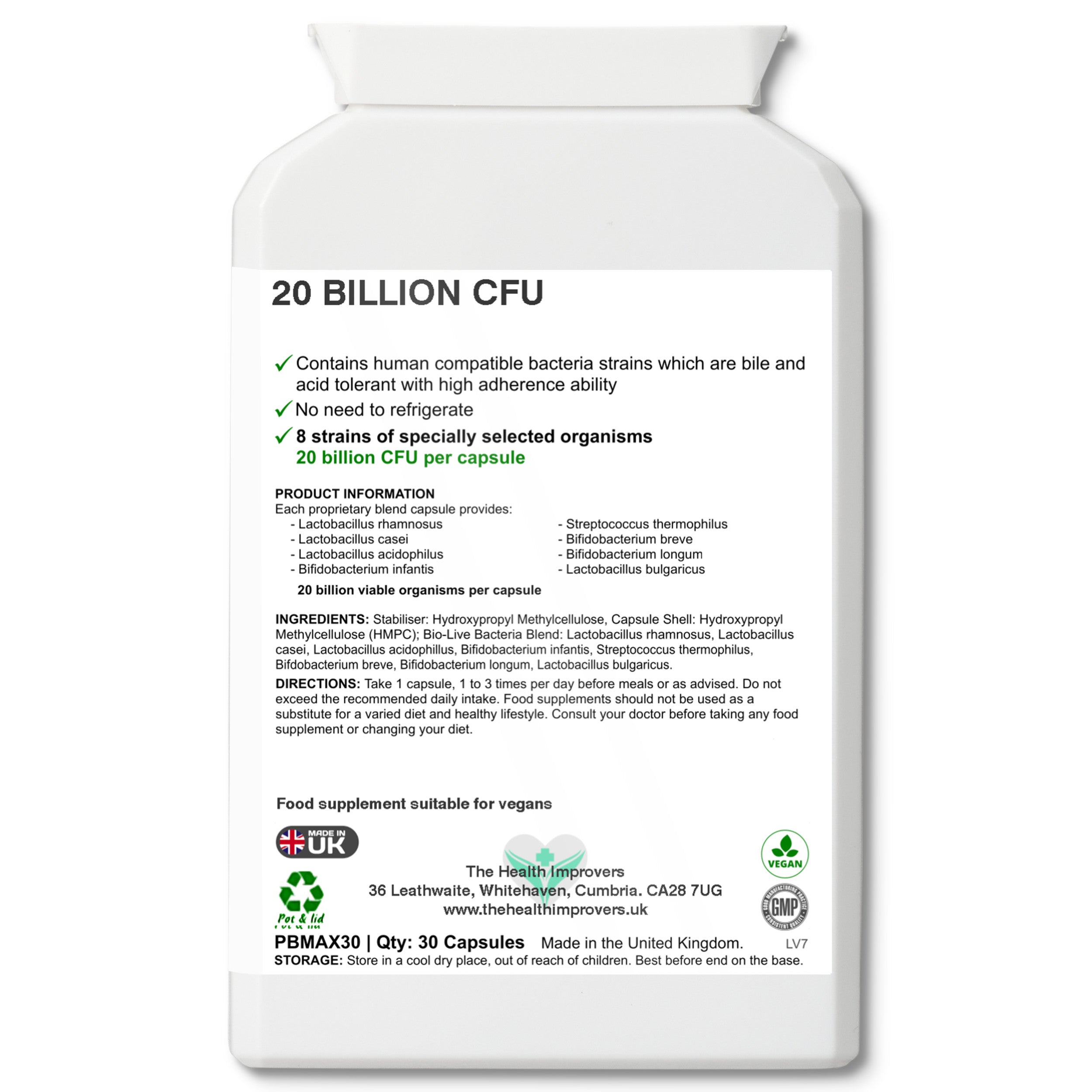 High Strength Probiotic UK | 20 Billion CFU 8-Strain Vegan Capsules