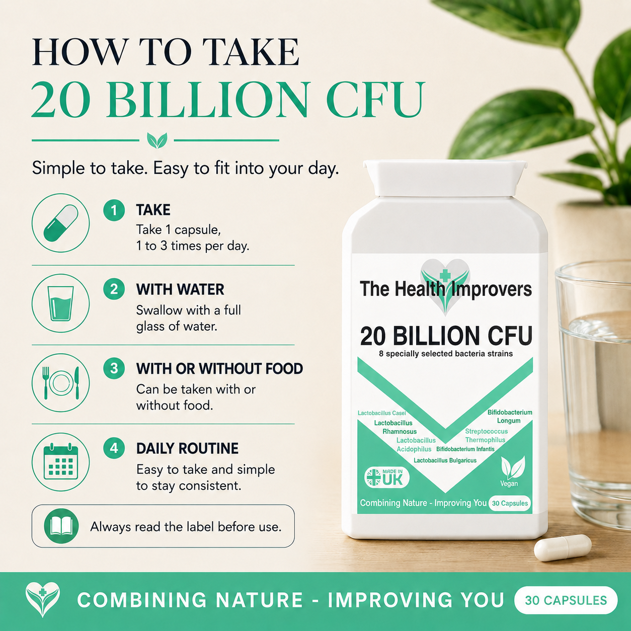 High Strength Probiotic UK | 20 Billion CFU 8-Strain Vegan Capsules