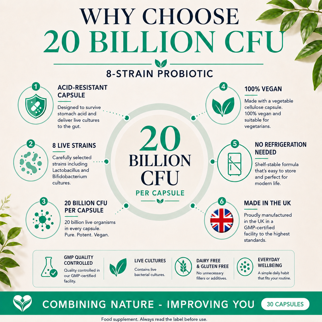 High Strength Probiotic UK | 20 Billion CFU 8-Strain Vegan Capsules
