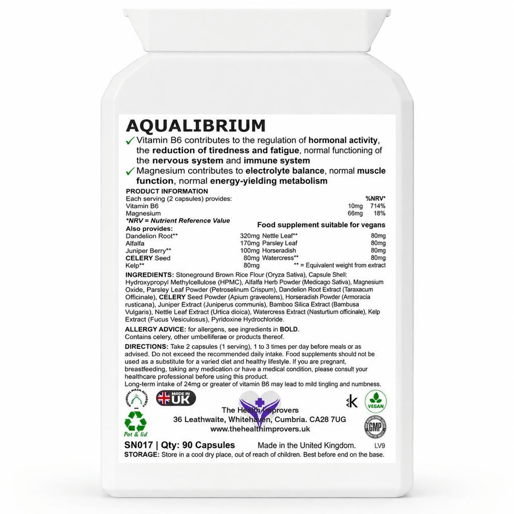 Aqualibrium back label with supplement facts, contains celery