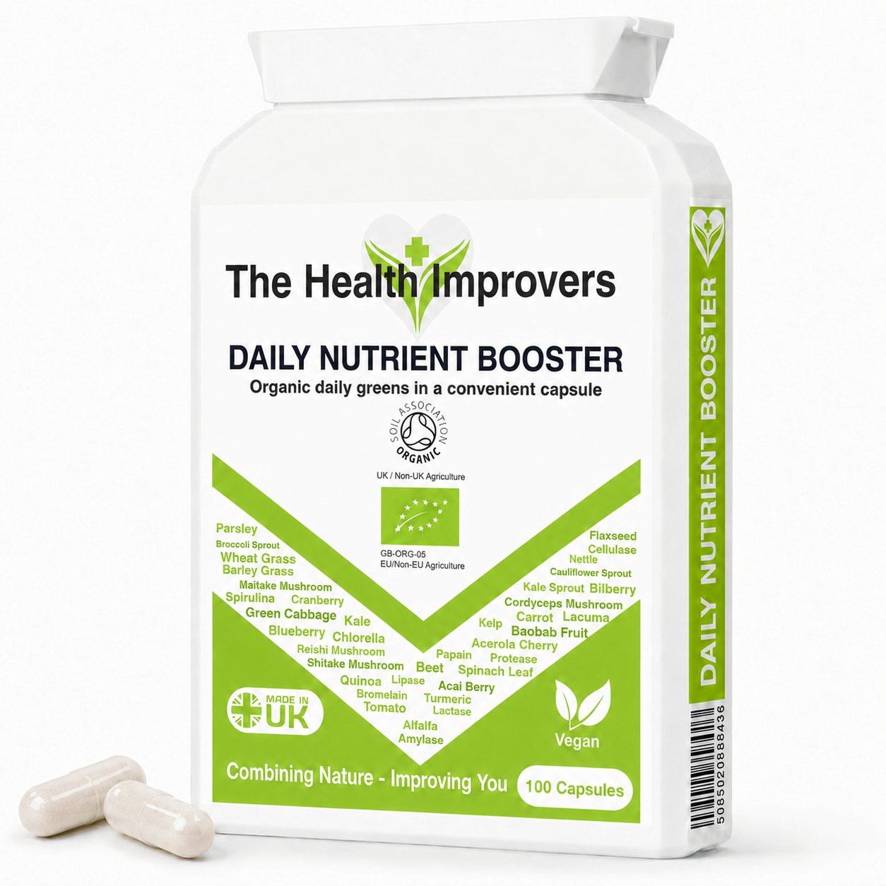 Organic Daily Nutrient Booster supplement bottle by The Health Improvers